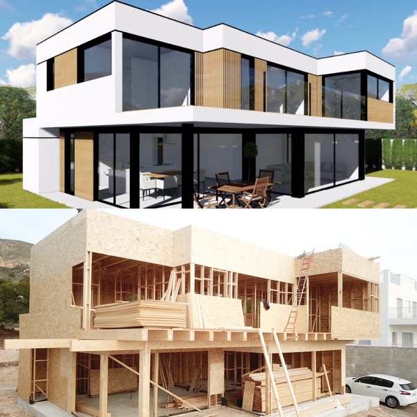 comparativa de casa modular con la estructura interna de madera y casa modular finalizada