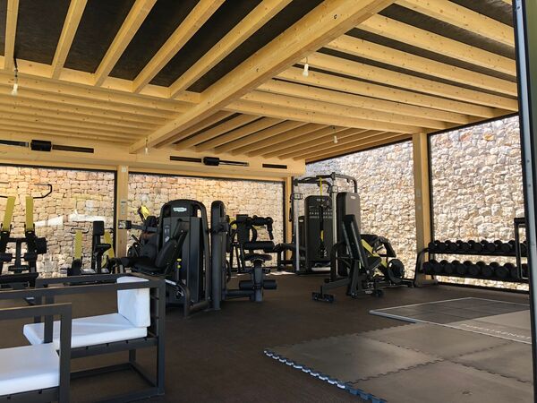 Vista interior de gimnasio con vigas madera en techo y tela asfáltica de aislamiento en techo